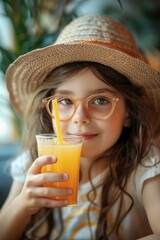 Young girl in straw hat holding glass of orange juice, perfect for summer concepts
