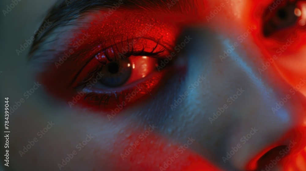 Poster A close up of a person's eye with red light. Perfect for technology or sci-fi concepts