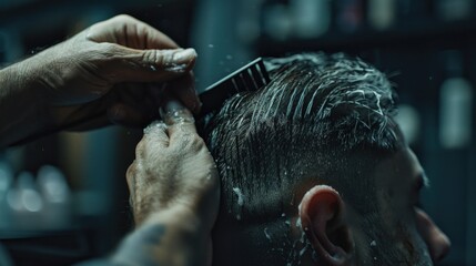 A man receiving a haircut at a barber shop. Ideal for barber shop promotions - obrazy, fototapety, plakaty