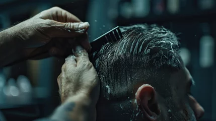  A man receiving a haircut at a barber shop. Ideal for barber shop promotions © Fotograf