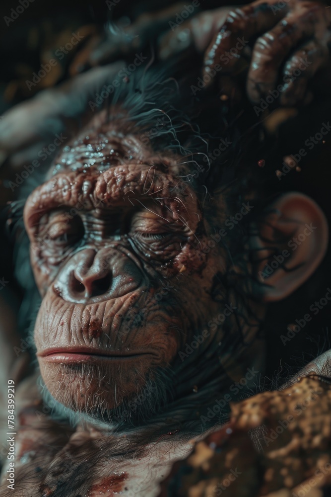 Poster A close up image of a person with a monkey face. Suitable for various creative projects
