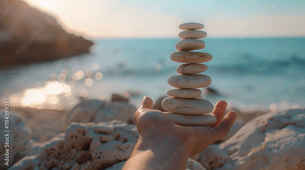 Poster a person holding a stack of rocks on the beach. ideal for nature and mindfulness concepts