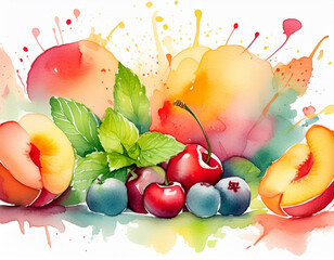 Vibrant watercolor painting showcasing an assortment of fresh fruits and mint leaves, set against a backdrop of colorful splashes - 784399211