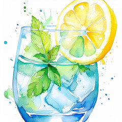 Colorful watercolor depiction of a refreshing beverage with ice and lemon, evoking a sense of coolness - 784399215