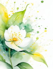 Delicate white flower with green leaves, highlighted by yellow and green watercolor splashes - 784399243
