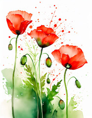 Vibrant watercolor of red poppies with dynamic splashes, evoking a lively, artistic spring vibe. - 784399250