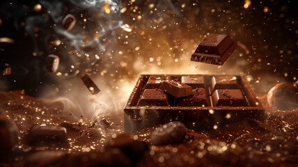 Shattered chocolate bar with cocoa powder explosion