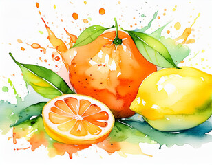 Vibrant watercolor painting of citrus fruits, leaves, and splashes of color - 784399261