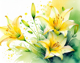 Lively watercolor bouquet of yellow lilies and green buds with color splashes - 784399263
