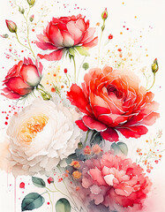 Vibrant artwork of blooming roses in red, pink, and white hues, surrounded by splashes of watercolor effects - 784399264
