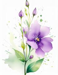 Vibrant watercolor of a purple flower with green leaves and artistic splashes - 784399269