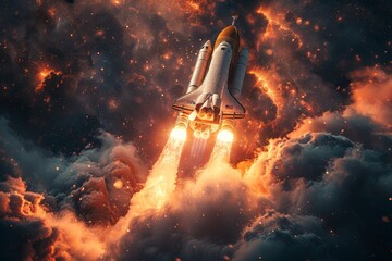 A digitally rendered image of a space shuttle launch amidst dramatic clouds and flames - obrazy, fototapety, plakaty
