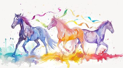 Three watercolor horses with flowing manes and tails in blue, purple, and yellow with colorful ribbons trailing behind them.