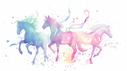 Three watercolor horses in blue, pink and purple with flowing manes and tails.