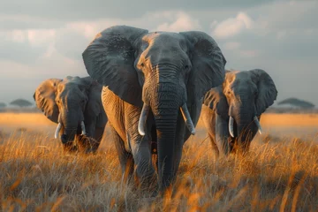 Foto op Plexiglas An imposing elephant assertively leads a herd, captured in the warm glow of a sunset, symbolizing unity and natural leadership © Larisa AI