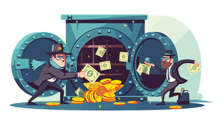 Vector cartoon illustration of bank robbery in safety vault