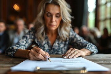 Professional woman focused on signing an important document, depicting business agreement or contract