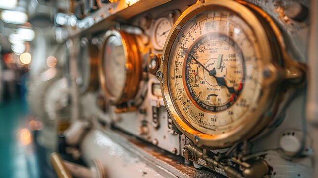 The captain's crew officer handed over the ship's control bridge dashboard with navigation equipment on the bridge of the ship