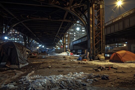 Several homeless tents set up under a tall bridge with people visible around them