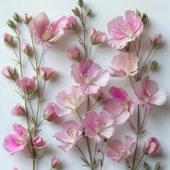 Against a white background, pink flowers bloom