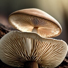 a macro mushroom, rendered with precision to capture its unique form and structure. The rich earthy tones and subtle play of light and shadow add depth and dimension to the composition, creating a mes