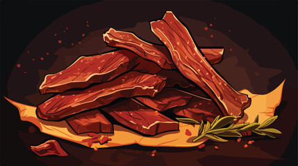 Dried spiced Beef Jerky on a dark retro background