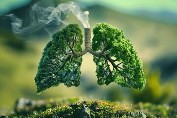 Digital composite image of human lungs as trees on a landscape with smoke, representing air pollution - Powered by Adobe