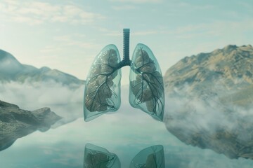 Surreal landscape with transparent human lungs blending into a mountainous background with mist - obrazy, fototapety, plakaty