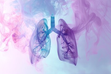 Detailed visualization of human lungs with transparent trachea and swirling smoke on a colored backdrop - obrazy, fototapety, plakaty