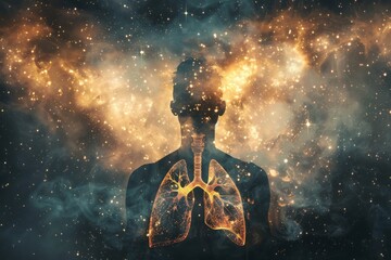 Conceptual human silhouette with illuminated lungs amidst a starry night sky and smoke