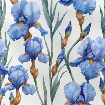 An elegant seamless pattern of watercolor iris flowers on a white background. Hand painted.
