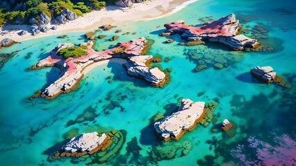 Coastal scene, captured from a top-down perspective. The shoreline features unique rock formations and a serene, transparent lagoon with crystal clear turquoise waters - obrazy, fototapety, plakaty
