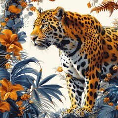 On a white background, a digital drawing pattern shows leopards and tropical plants