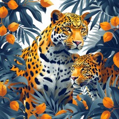 Leopards and tropical plants on a white background in a digital drawing pattern - obrazy, fototapety, plakaty
