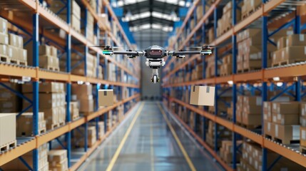 High-tech automated warehouse using drones for package delivery within the facility, --ar 16:9