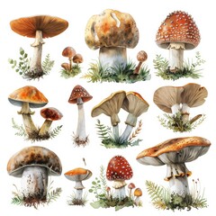 A set of hand drawn watercolor illustrations representing forest mushrooms on a white background.