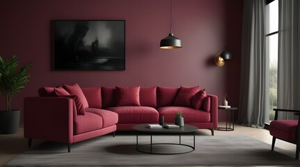 2023 viva magenta trend living room color. A vibrant couch accent. Background of plaster microcement.geneative.ai