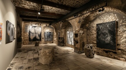 Modern art display in a historic fortress, juxtaposing ancient architecture with contemporary art,...
