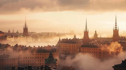 Abwaschbare Fototapete Stockholm Morning mist clearing over the Stockholm skyline, historic buildings and modern designs mixed, --ar 16:9