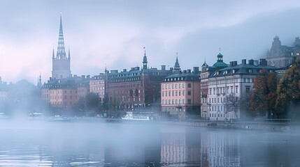 Morning mist clearing over the Stockholm skyline, historic buildings and modern designs mixed, --ar 16:9 - obrazy, fototapety, plakaty