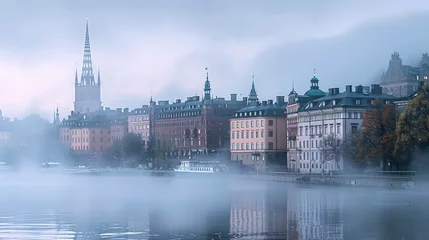 Tuinposter Morning mist clearing over the Stockholm skyline, historic buildings and modern designs mixed, --ar 16:9 © mogamju