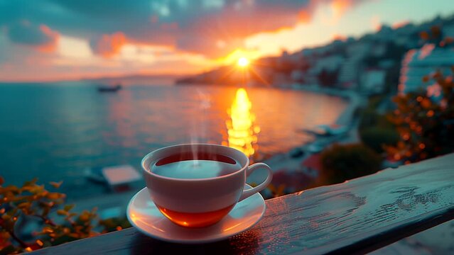 Hot tea at the table with beach view at sunset or sunrise. seamless looping 4k time-lapse video background