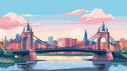 Famous bridge over the city in Biatorbgy 2d flat cartoon - obrazy, fototapety, plakaty