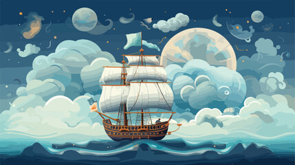 Fantastical ship sailing through the clouds propell