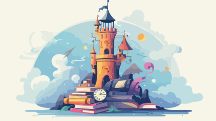 Fantastical wizards tower with books floating aroun