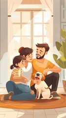 Happy family having fun time, playing together at home with dog, Generative AI 
