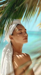 Elegant Woman Smiling with Closed Eyes under Palm Leaves, White Towel Wrapped around Head