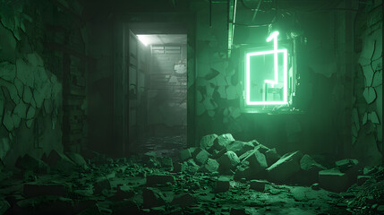 Fototapeta premium A green neon sign is lit up in a dark room. The sign is surrounded by rocks and rubble, giving the impression of a desolate, abandoned space