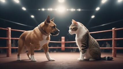 A dog and a cat is in the boxing ring, creating a dramatic scene