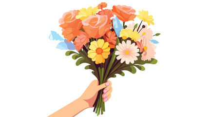 Female hand hold bouquet of flowers isolated on whi